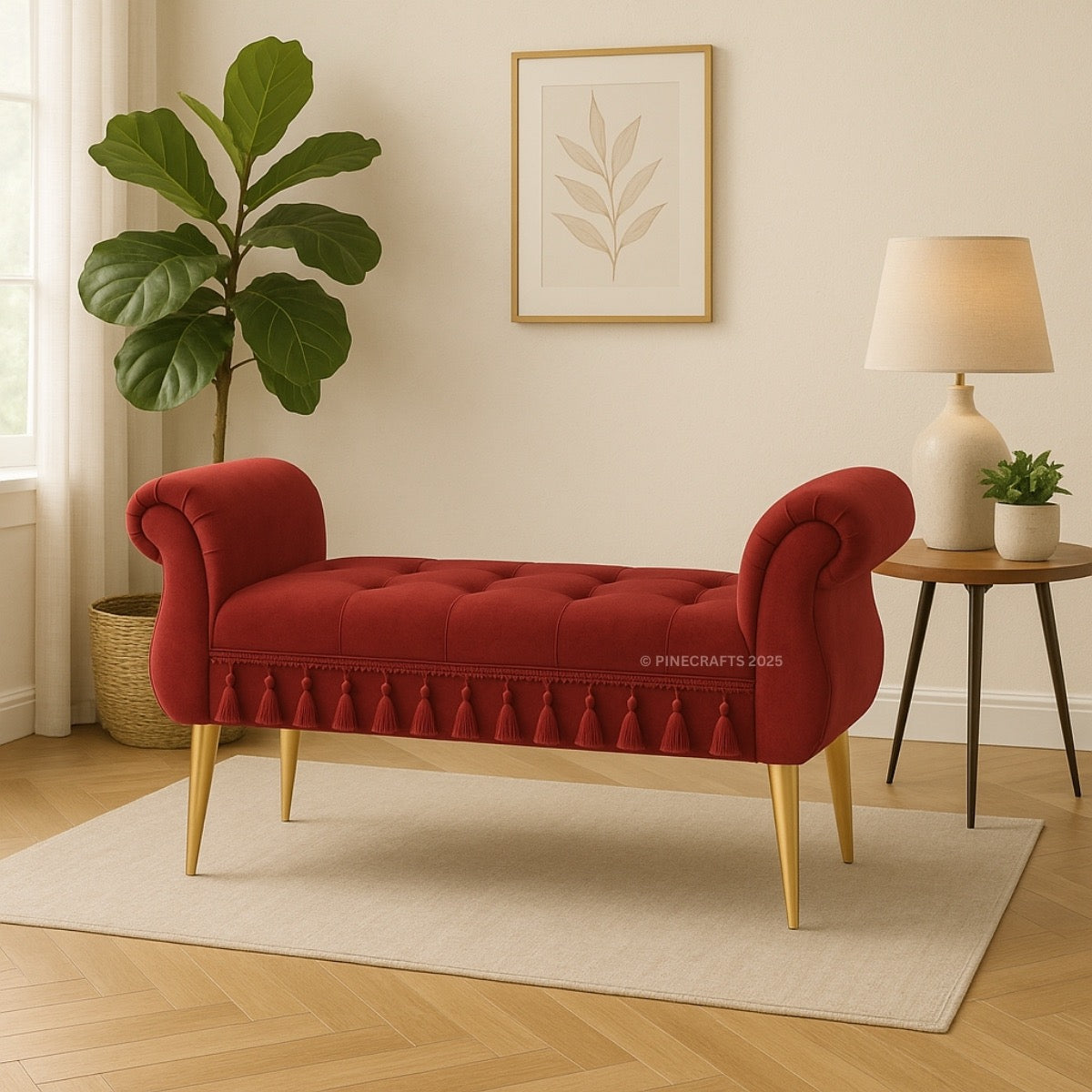 Red tufted bench with gold legs in a living room setting with a plant and lamp.